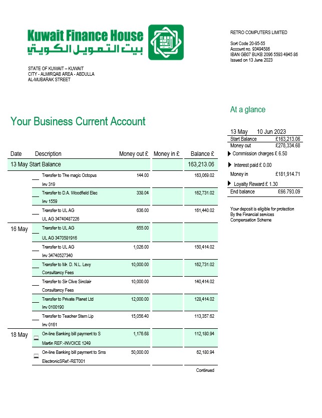 Modèle Word et PDF de relevé de compte d'entreprise de la Koweït Finance House Bank